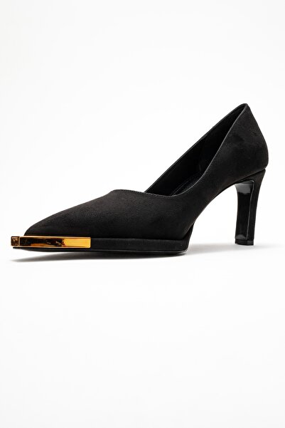 LuviShoes Liora Black Suede Gold Detailed Women's Block Heeled Shoes