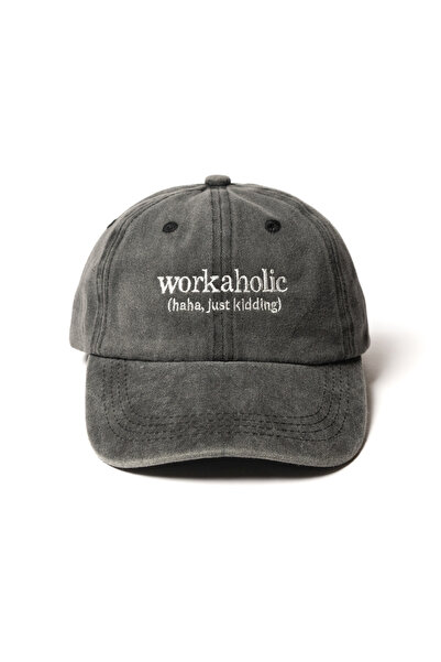 Nome Studio Yazı Nakışlı Koyu-Gri Antrasit Şapka Beyaz Nakışlı Yıkamalı Kumaşlı ve Yazı Nakışlı Şapka