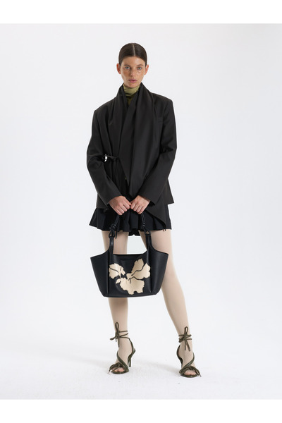 BAQA Black Leather Bag with Floral Motif