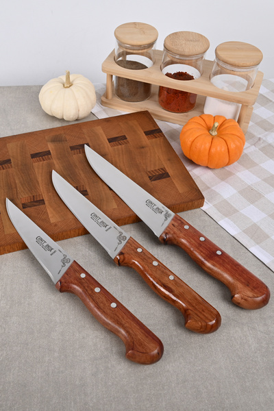 Cavit İnox 3 Parça Mutfak & Kurban Bıçak Seti Gül Ağacı Kabzalı