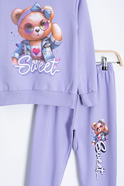 Cansın Mini Σετ αθλητική φόρμα για κορίτσια με ελαστική μέση με στάμπα λιλά αρκουδάκι 22754
