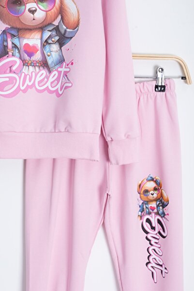 Cansın Mini Σετ αθλητική φόρμα για κορίτσια με ελαστική μέση με στάμπα ροζ αρκουδάκι 22752