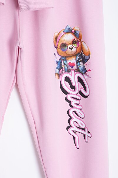 Cansın Mini Σετ αθλητική φόρμα για κορίτσια με ελαστική μέση με στάμπα ροζ αρκουδάκι 22752