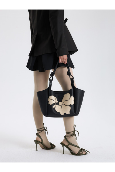 BAQA Black Leather Bag with Floral Motif