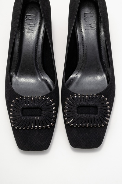 LuviShoes VELORA Siyah Desenli Tokalı Kadın Kalın Topuklu Ayakkabı