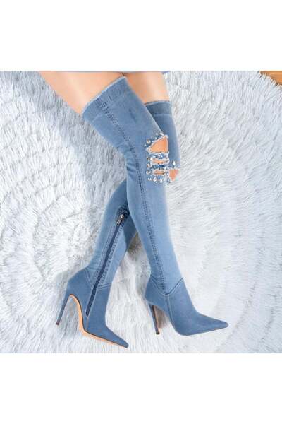 BMoD Ghete lungi de damă din denim albastru cu strasuri aplicate MOD10420