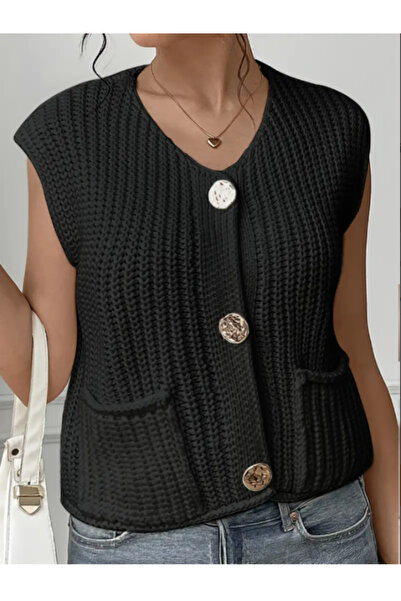 MOONBULL Women's Stylish V-Neck 3 Gold Button Tone Pocket Sleeveless Vest