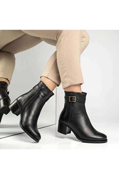 Modlet.ro Women's black leather boots with zipper and buckle MOD07562