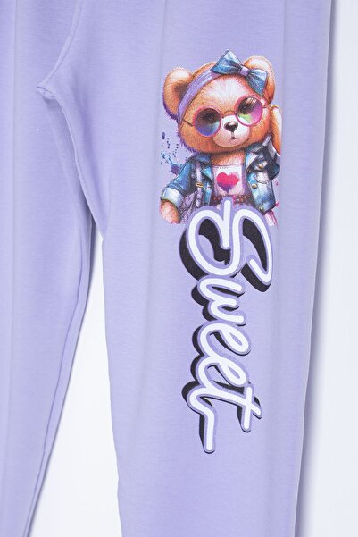 Cansın Mini Σετ αθλητική φόρμα για κορίτσια με ελαστική μέση με στάμπα λιλά αρκουδάκι 22754