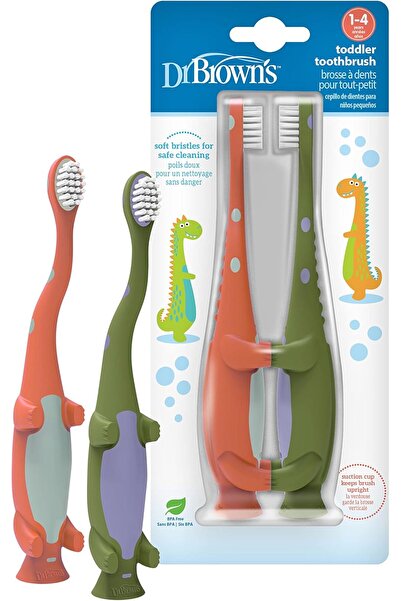 Dr.Brown's فرشاة أسنان دكتور براون للأطفال الصغار، ديناصور، أخضر وبرتقالي، عبوة من قطعتين، دليل الاستخدام