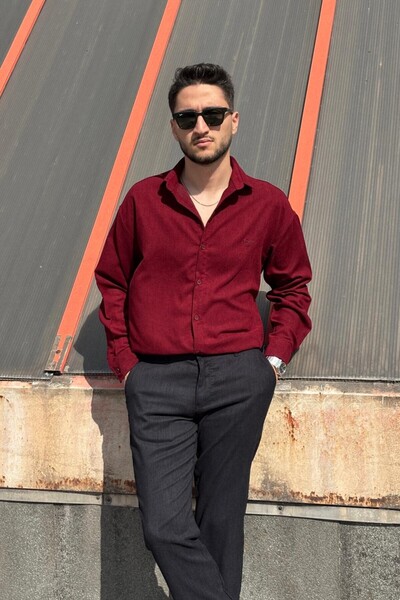 inpool Erkek, nakış detaylı, regular-fit, kışlık-baharlık, ince fitilli kadife gömlek G16