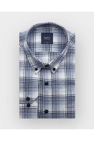 KAMER ERKEK REGULAR FIT KIŞLIK UZUN KOL DÜĞMELİ YAKA TEK CEPLİ EKOSE MAVİ GÖMLEK 3777M