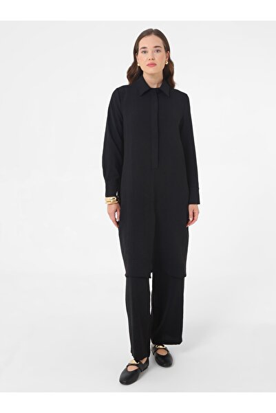 Refka Tunic Pants with Slit Front and Half Placket Two-Piece Set - Black -