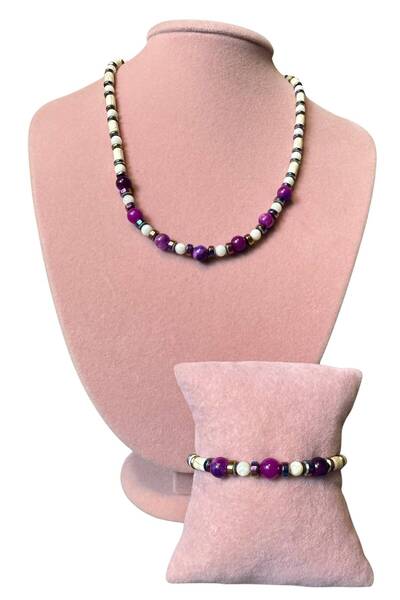Uretti - Özlem 9422 2029 Handmade - Hematite - Purple Agate Natural Stone Necklace and Bracelet Set