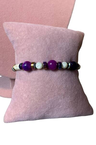 Uretti - Özlem 9422 2029 Handmade - Hematite - Purple Agate Natural Stone Necklace and Bracelet Set