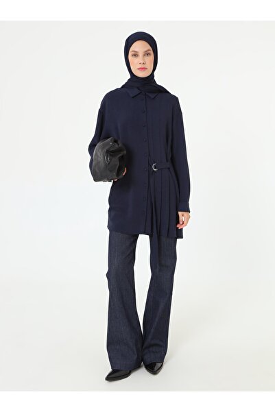Refka Pile ve Bağlama Detaylı Gömlek Yaka Önü Patlı Tunik - Lacivert -