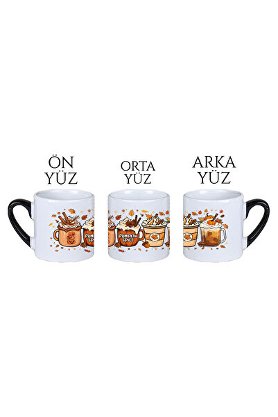 qoeuyl boutique Autumn Themed Coffees No:5 Printed Gift Black Handle Single Porcelain Turkish Coffee Cup