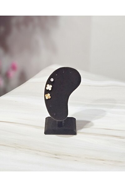 stainless steell 3'lü Yonca Motifli Kararmayan Çelik Küpe Seti – Altın Renk Taşlı Küpe