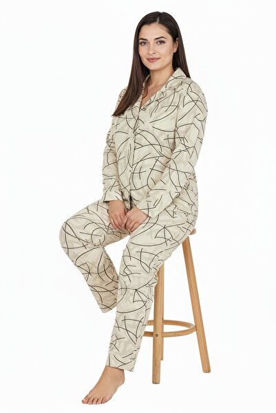 Bravie Πολυτελές Σετ Γυναικεία Πιτζάμα με Μακρυμάνικο Σχέδιο Εκρού – Μεγάλο Μέγεθος 3015