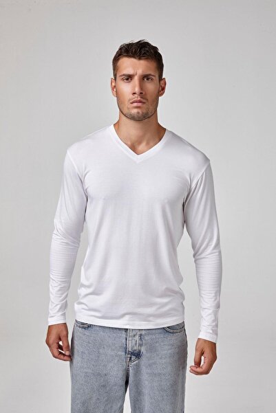relactive Ανδρικό λευκό μακρυμάνικο μπλουζάκι με λαιμόκοψη σε σχήμα V Modal Basic T-shirt C7T2N6O1