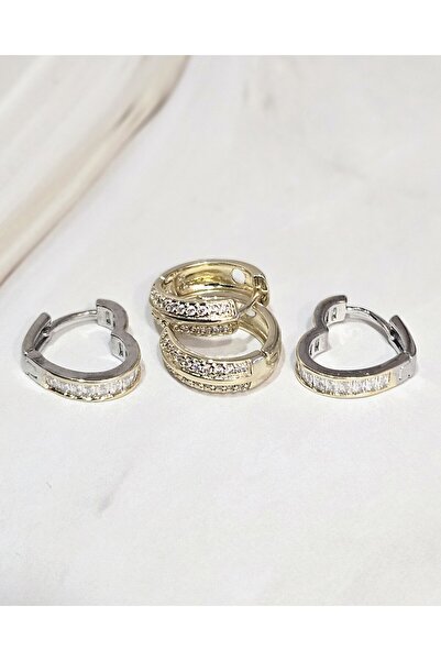 XUPING JEWELRY 2’li Kararmayan Çelik Küpe Seti – Altın Renk, Kalp & Halka Taşlı