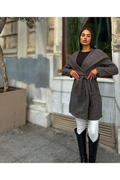 NEW LAVİVA Women's Self-Collar Herringbone Unlined Belt Detailed Coat 700-3688