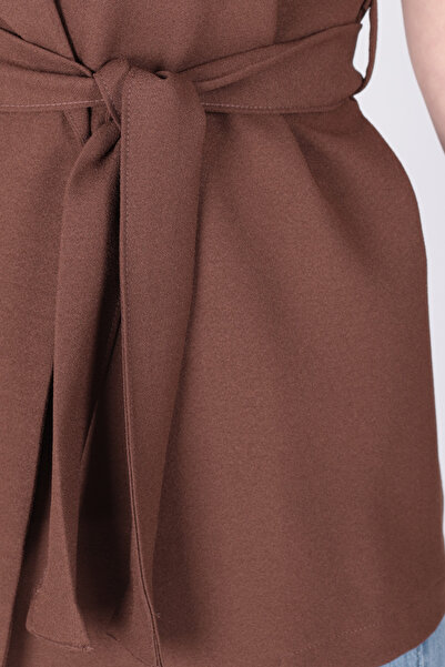 armonika Women's Brown Men's Collar Waist Belted Linen Look Vest Arm-25Y001079