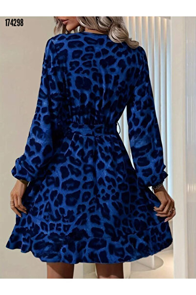 Modayakamoz Yeni Sezon Kadın Uzun Kollu Kruvaze Yaka Leopar Mini Elbise Kuşaklı Modal Kumaş