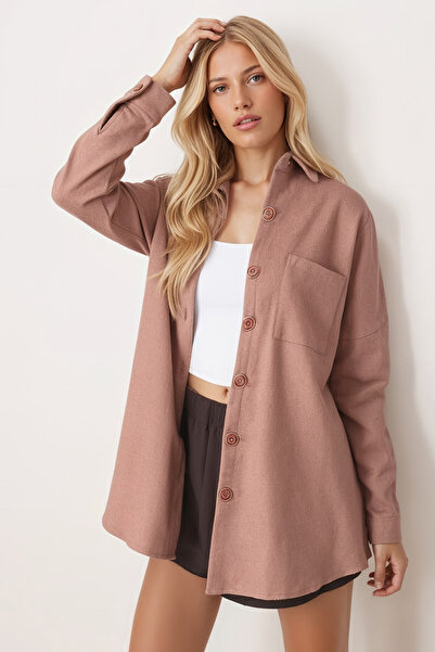 armonika Women's Milk Coffee Oversize Cashmere Pocket Shirt Arm-22Y001156