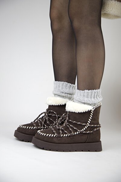 stato 219851141-10S Kadın Yumuşak Rahat Kürklü Bot - Tekstil Süet Kışlık Kahve Bot