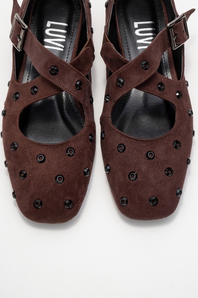 LuviShoes Addison Brown Suede Stone Cross Strap Women's Ballerina Shoes