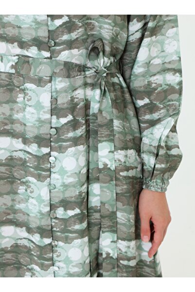 Refka Yeşil Soyut Desenli Tesettür Elbise - Haki -