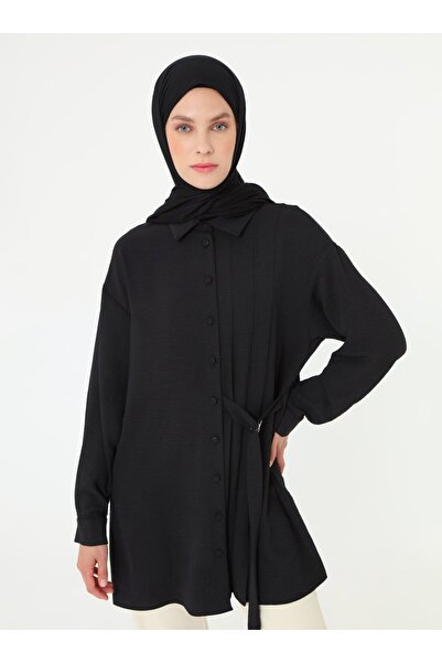 Refka Tunic with Button and Tie Detail, Shirt Collar and Placket Front - Black -