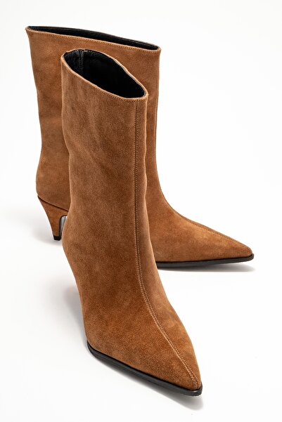 LuviShoes Γυναικείες μπότες με κοντό τακούνι ALEO Earth Suede από γνήσιο δέρμα με μυτερή μύτη