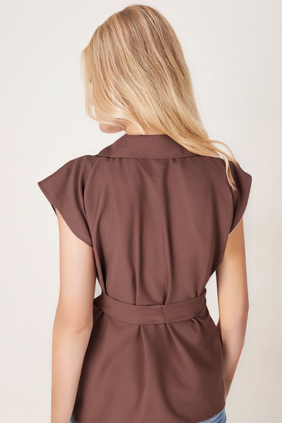 armonika Women's Brown Men's Collar Waist Belted Linen Look Vest Arm-25Y001079