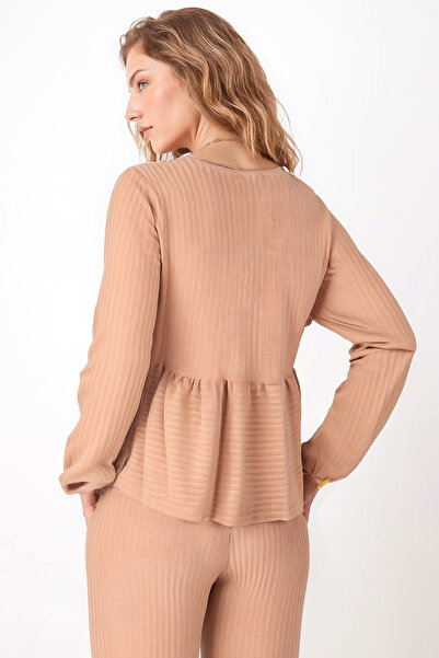 armonika Women's Camel V-Neck Soft Textured Tie-Front Lycra Pants Two-Piece Set Arm-26K001002