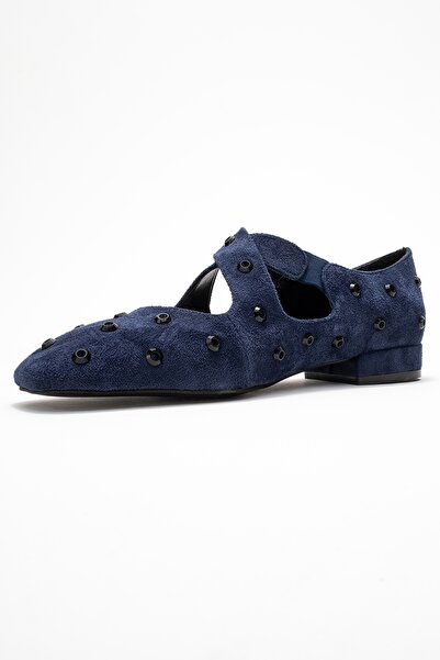 LuviShoes Addison Navy Blue Suede Stone Cross Strap Women's Ballerina Shoes