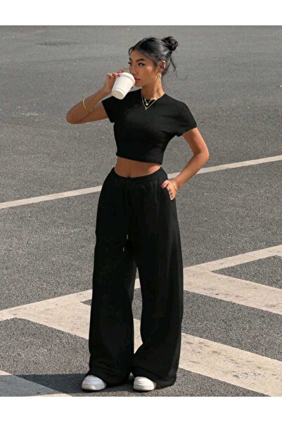 ELASSEL Χειμερινό σαρούνιστο μαύρο γυναικείο φαρδύ παντελόνι αθλητικής φόρμας...