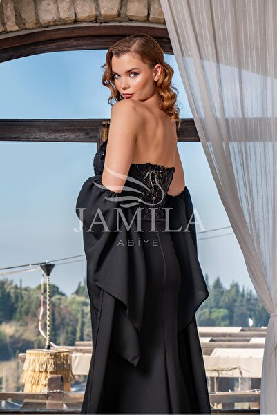 Lovely Dress Siyah Straplez Payetli Yırtmaçlı Kuşak Detaylı Abiye Elbise