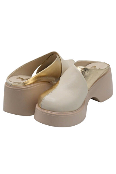 Venüs %100 Deri Platform Topuklu Terlik Altın & Bej