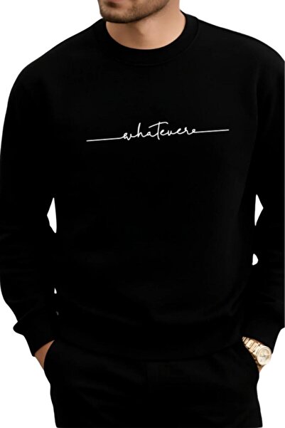 NO 601 Férfi fekete Whatever nyomott mintás, kerek nyakú pulóver