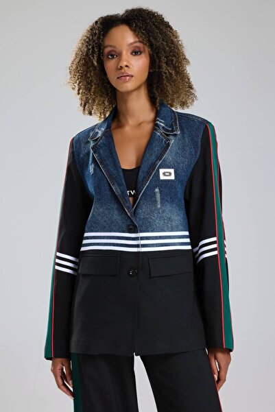 tw3 Jachetă blazer pentru femei din țesătură denim cu design detaliat cu dungi