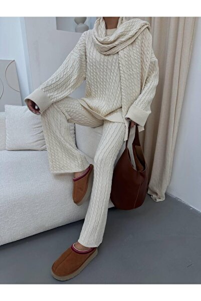 DAĞON'S Dgn's Hair-Braided Scarf 3-Piece Women's Knitwear Set Black-Ekru-Brown-Burgundy-Smoked