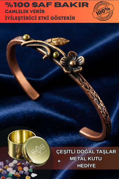 OSMANLI GÜMÜŞ سوار نحاسي نسائي - سوار معدني رفيع بتصميم زهرة مع صندوق معدني و...