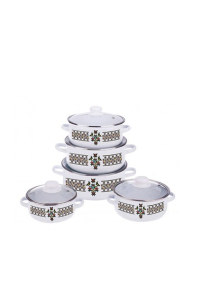 Zilan Set of 5 Enameled Pots + Glass Lids - Diameters 16cm, 18cm, 20cm, 22cm, 24cm, OTI 0017