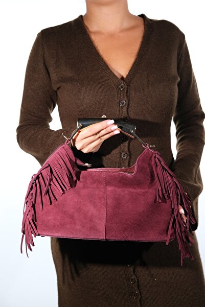 LuviShoes Astren Burgundy Suede Genuine Leather Tassel Women's Shoulder Bag