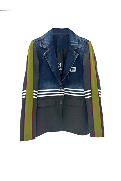 tw3 Γυναικείο τζιν ύφασμα συνδυασμός υφασμάτων ριγέ Σχέδιο Μπλέιζερ Μπουφάν