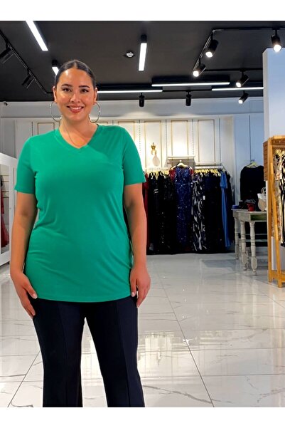 Roxxlen 112072 Γυναικεία μπλούζα με λαιμόκοψη σε σχήμα V, βασική, πράσινη