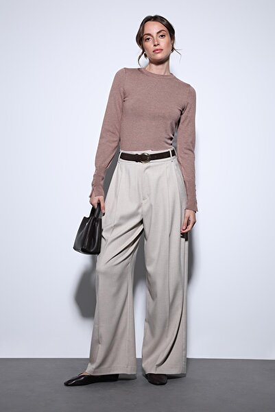 Antioch Beige Pleated Palazzo Women's Trousers