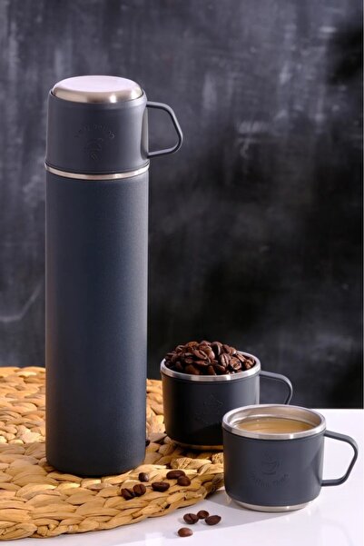 Kapris 304 Paslanmaz Çelik 3 Bardaklı Termos Seti Çay Kahve Piknik Kamp Gri